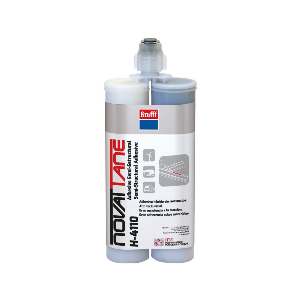 Novattane H-4110 400 ml Color componente A (Adhesivo): blanco.Color componente B (Activador): gris.Color de la mezcla: gris claro. Plástico