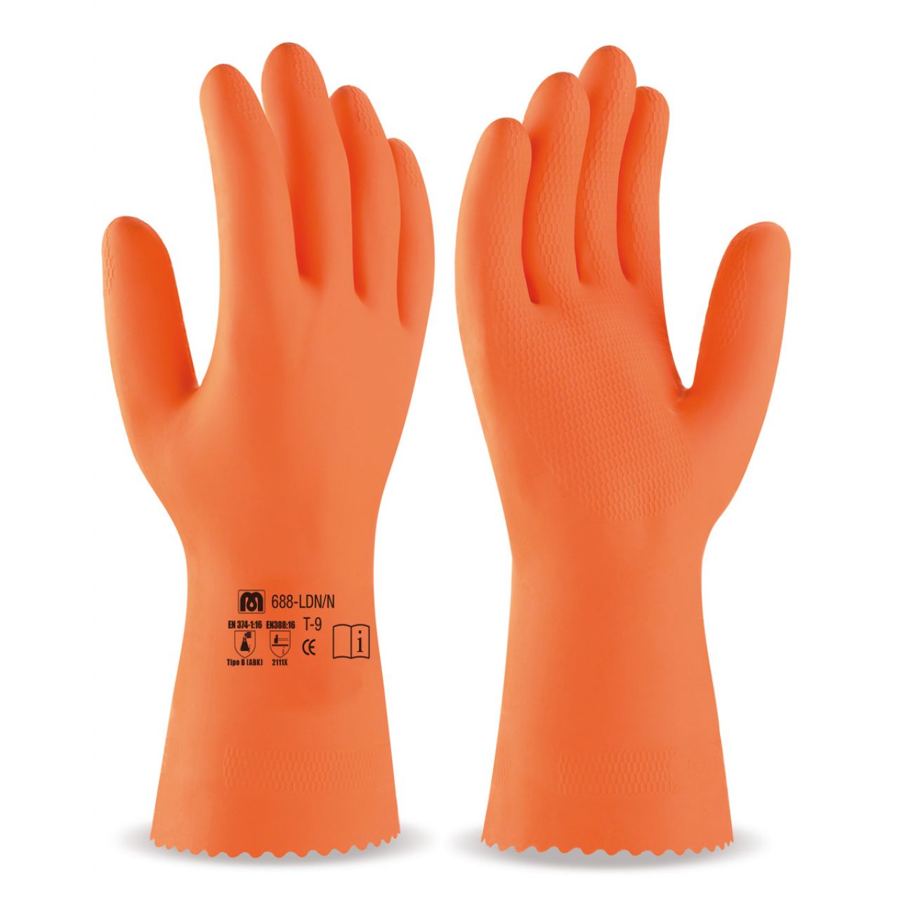 688LDNNN Guante tipo industrial de látex en color naranja para riesgos mecánicos, químicos y microorganismos.