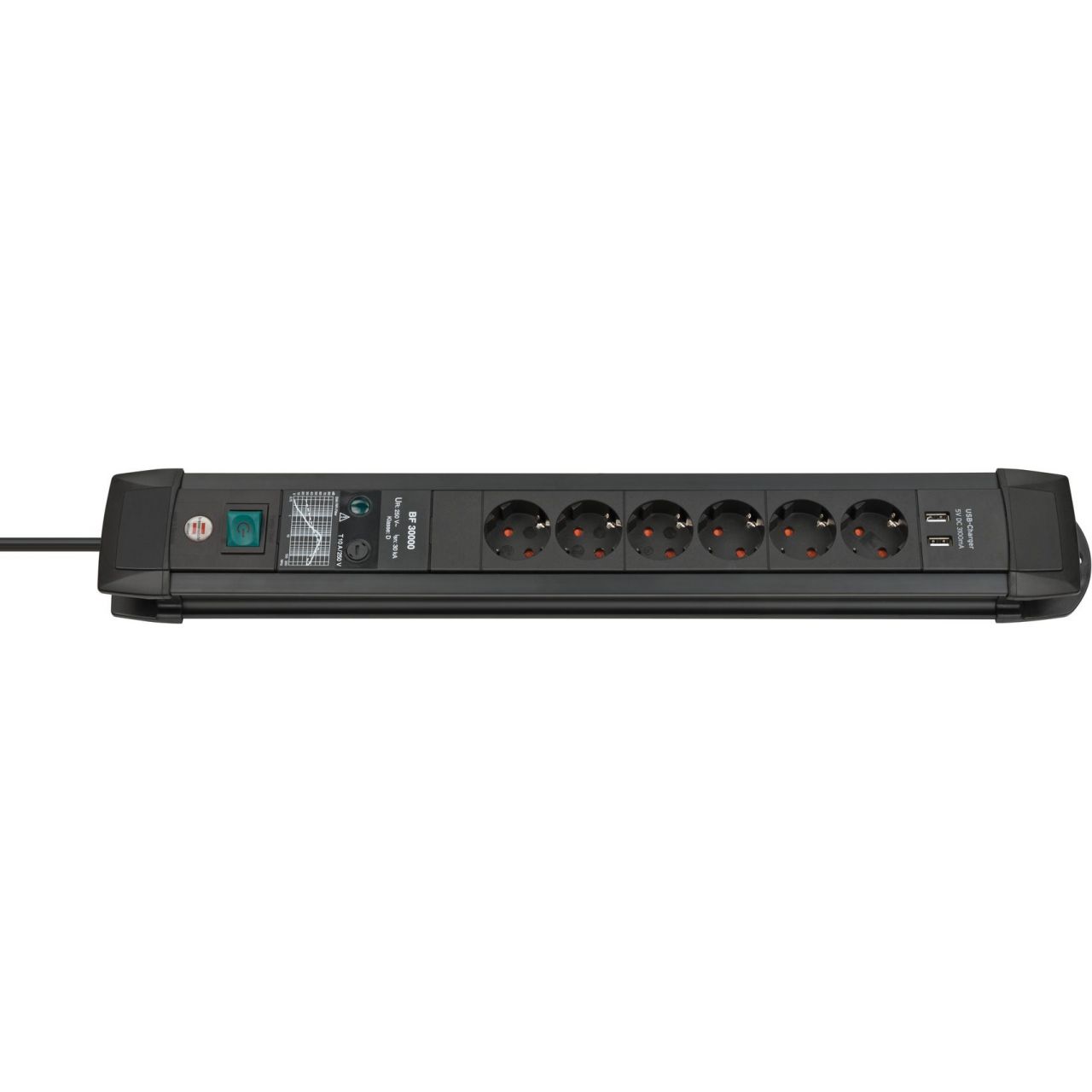 Base múltiple con protección contra sobretensión Premium-Line (color negro y 6 tomas + 2 puertos USB)