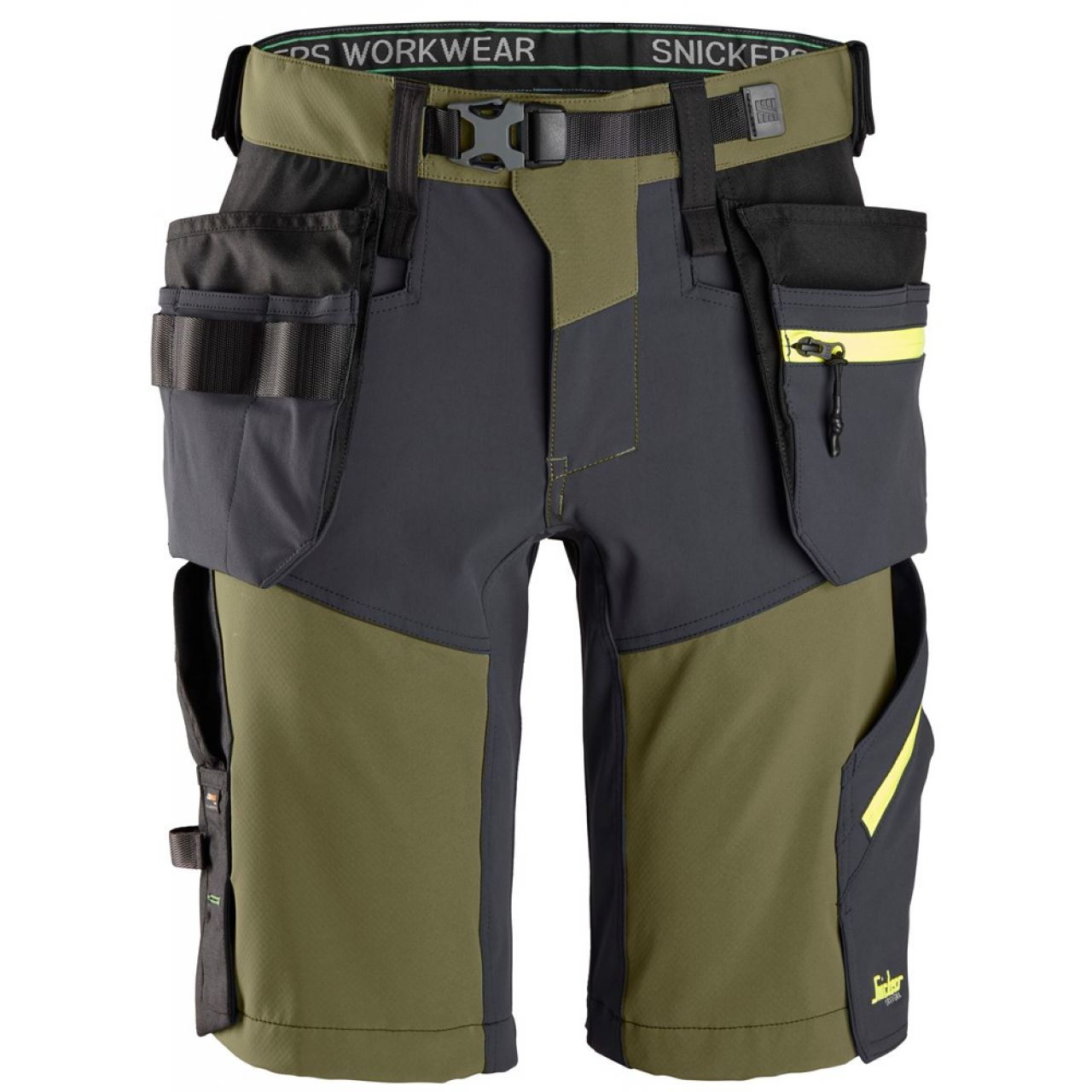 6140 Pantalones cortos de trabajo elásticos Softshell con bolsillos flotantes FlexiWork verde khaki-gris acero talla 46