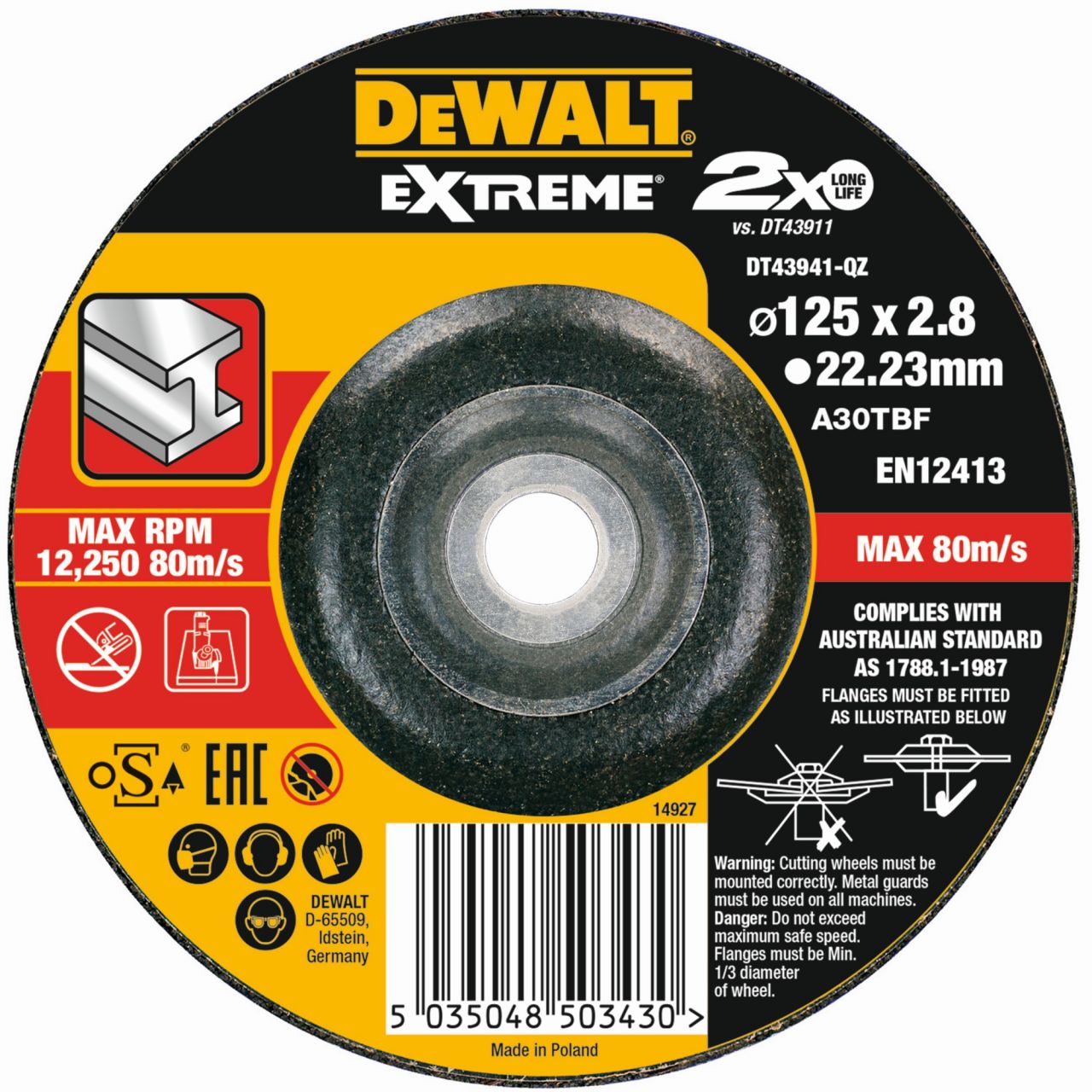 DT43941-QZ - Disco de corte concavo EXTREME® para metal con grano industrial de óxido de alumínio 125 x 2.8 x 22.23mm