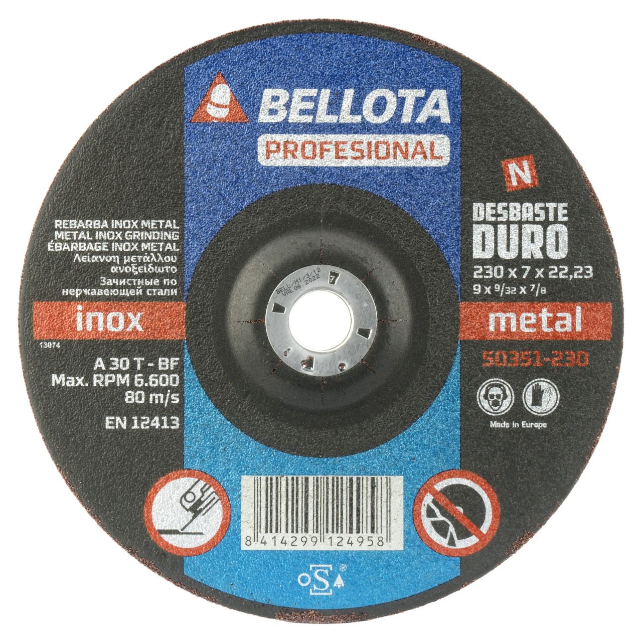 Disco abrasivo profesional para desbaste inox-metal, duro 7 mm y Ø 230 mm / 50351230