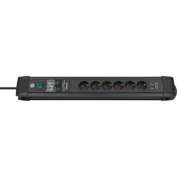 Base múltiple con protección contra sobretensión Premium-Line (color negro y 6 tomas + 2 puertos USB