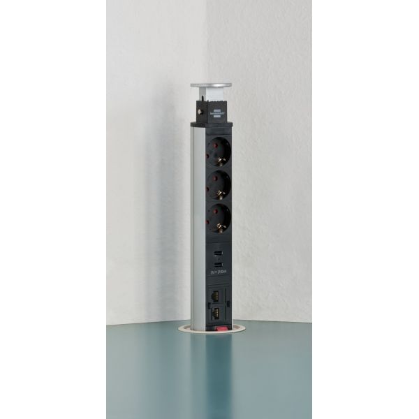 Base múltiple retráctil para mesas Tower Power con puertos USB y conexión LAN