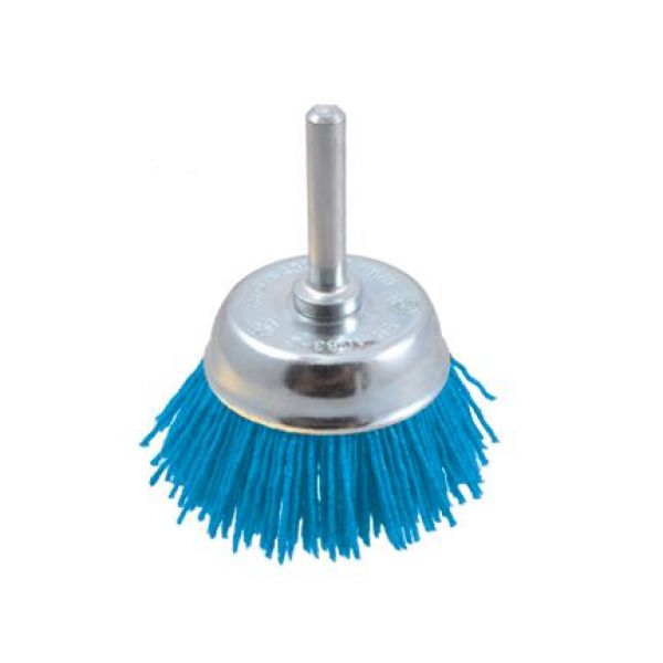 Cepillo taza de filamento abrasivo con vástago de 6 mm Ø 0.90 mm y grano 180 azul (50x17 )