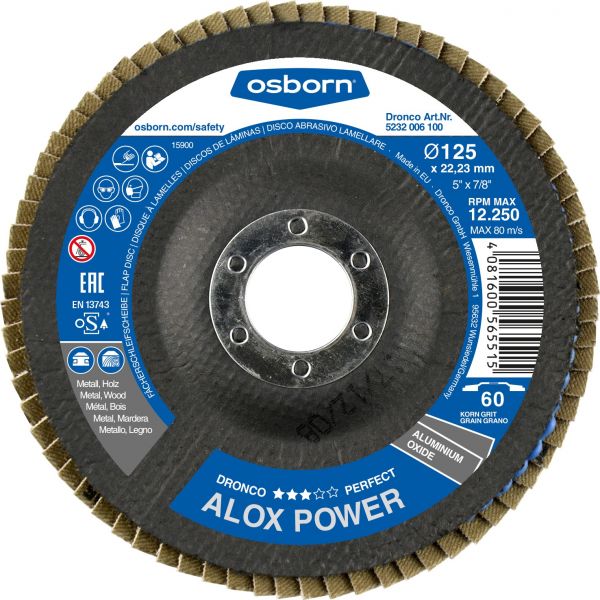 Disco de láminas abrasivo Óxido de Aluminio ALOX POWER (G-A) de 125 mm grano 60 y base abombada