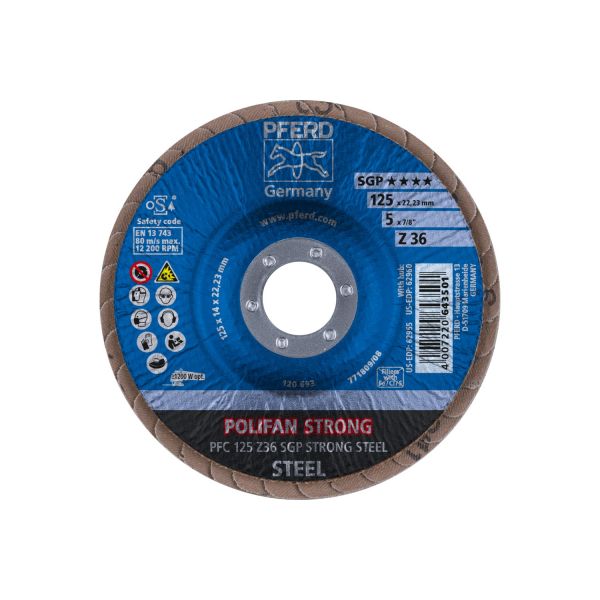Disco de láminas lijadoras STRONG POLIFAN PFC 125x22,23 mm cónico Z36 línea SGP STEEL para acero