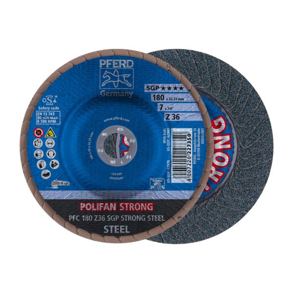 Disco de láminas lijadoras STRONG POLIFAN PFC 180x22,23 mm cónico Z36 línea SGP STEEL para acero