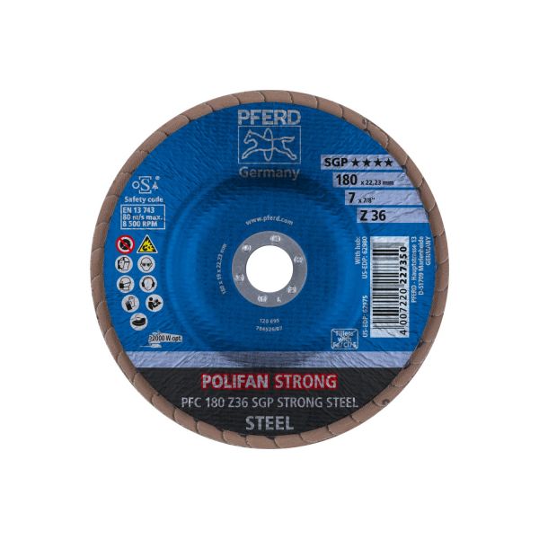 Disco de láminas lijadoras STRONG POLIFAN PFC 180x22,23 mm cónico Z36 línea SGP STEEL para acero