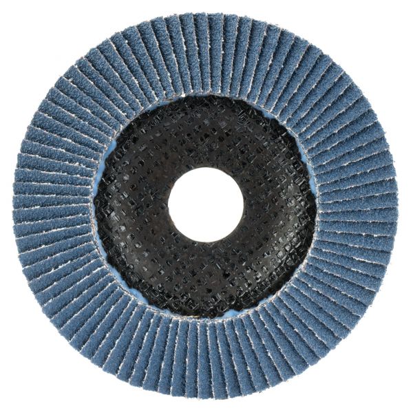Disco de láminas base cóncava de fibra de vidrio para desbaste inox-metal, grano AZ 60 y Ø 115 / 505