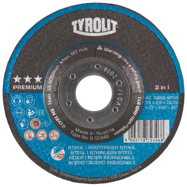 Tyrolit Discos de corte 2in1 para acero y acero inoxidable 115 x 2,5  42F 115x2,5x22,23 A30Q-BFXA